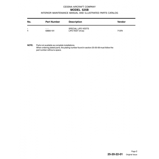Aviation Part 63600-101 for Cessna 525B Aircraft Aviation Part 63600-101 for Cessna 525B Aircraft