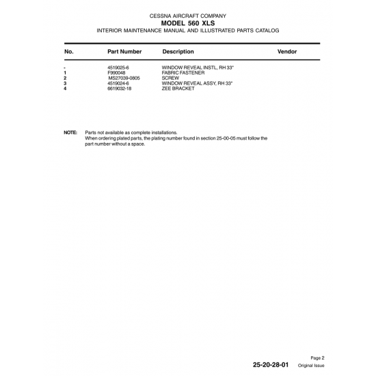 Aviation Part (4519025-6) — Cessna 560XL Aviation Part (4519025-6) — Cessna 560XL