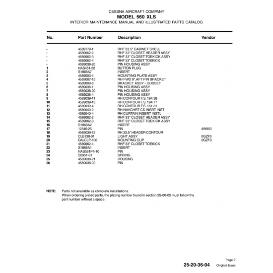 Aviation Part S1868A2 for Cessna 560 Aircraft Aviation Part S1868A2 for Cessna 560 Aircraft