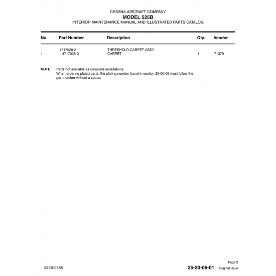 Aviation Part 4717028-2 for Cessna 525B Aircraft Aviation Part 4717028-2 for Cessna 525B Aircraft
