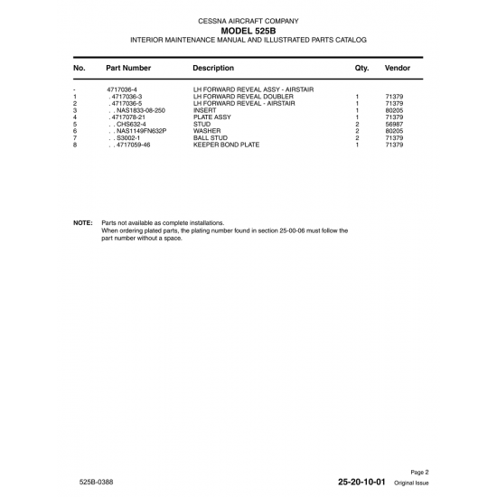 Aviation Part 4717036-4 for Cessna 525B Aircraft Aviation Part 4717036-4 for Cessna 525B Aircraft