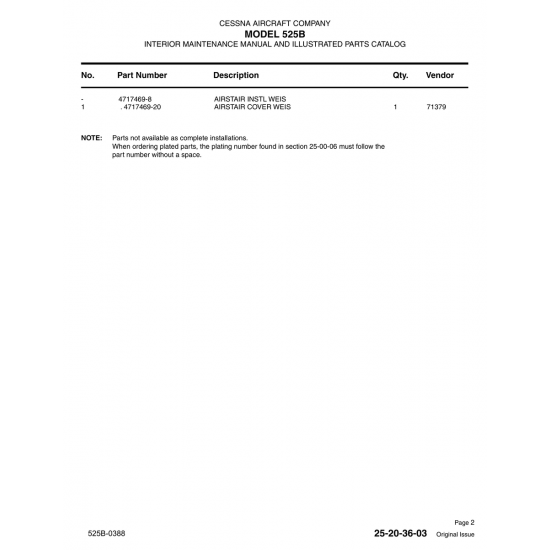 Aviation Part 4717469-8 for Cessna 525B Aircraft Aviation Part 4717469-8 for Cessna 525B Aircraft
