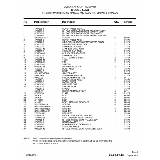 Aviation Part 4789037-11 for Cessna 525B Aircraft Aviation Part 4789037-11 for Cessna 525B Aircraft