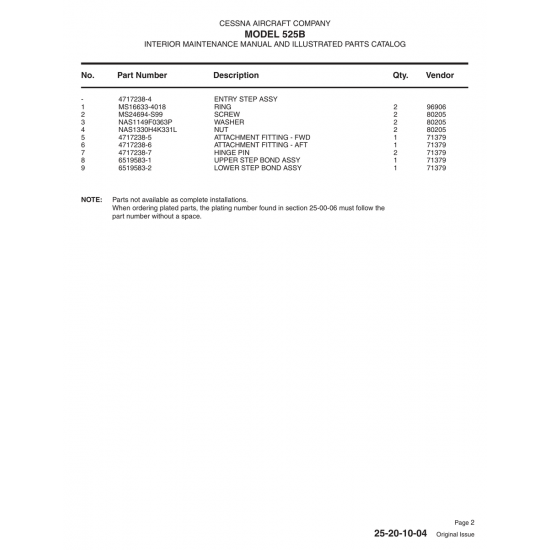Aviation Part 6519583-1 for Cessna 525B Aircraft Aviation Part 6519583-1 for Cessna 525B Aircraft