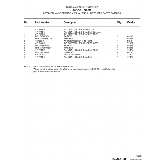 Aviation Part 106282-1 for Cessna 525B Aircraft Aviation Part 106282-1 for Cessna 525B Aircraft