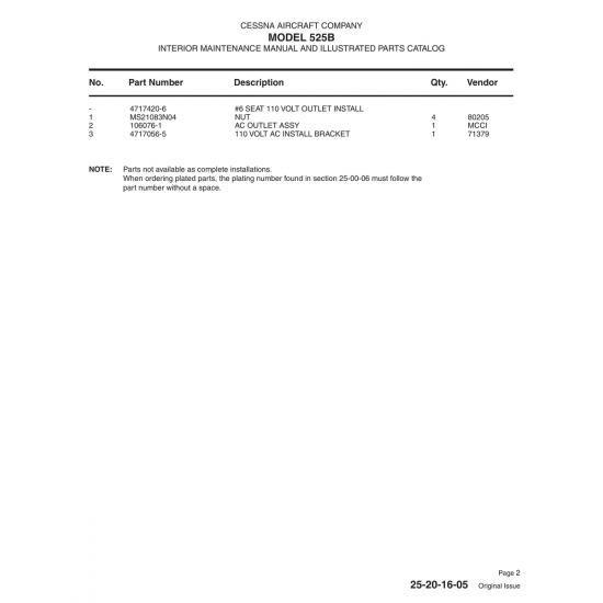 Aviation Part 4717420-6 for Cessna 525B Aircraft