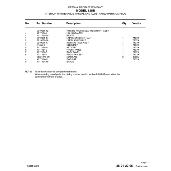 Aviation Part 9919051-17 for Cessna 525B Aircraft Aviation Part 9919051-17 for Cessna 525B Aircraft