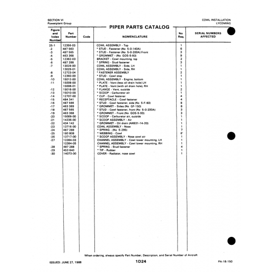 Aviation Part 13029-01 for Piper PA-18-150 Aircraft