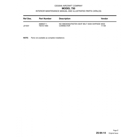 Aviation Part (J2152V) — Cessna 750 Aviation Part (J2152V) — Cessna 750
