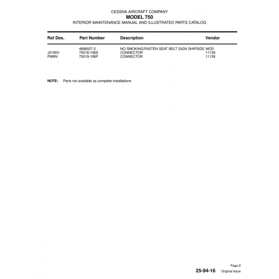 Aviation Part (P989V) — Cessna 750 Aviation Part (P989V) — Cessna 750