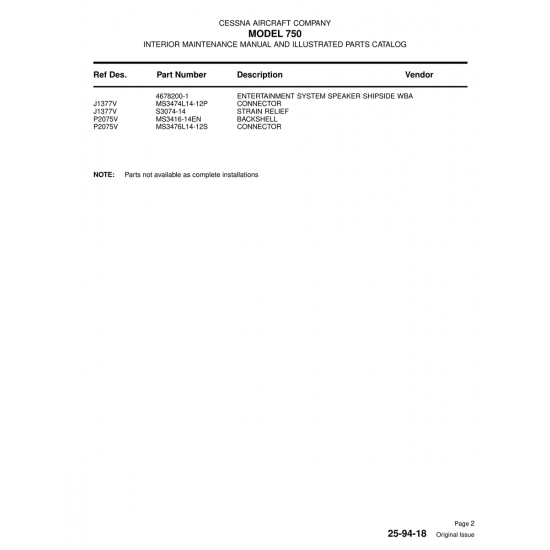 Aviation Part (P2075V) — Cessna 750 Aviation Part (P2075V) — Cessna 750