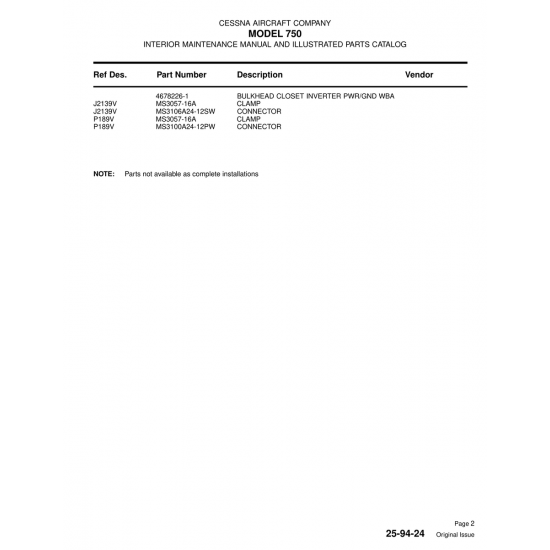 Aviation Part (J2139V) — Cessna 750