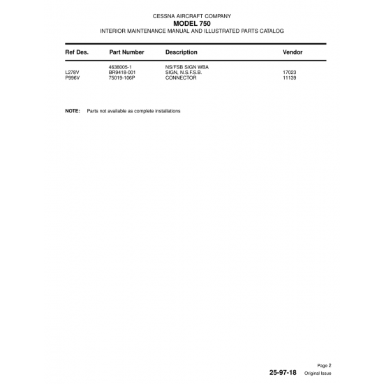 Aviation Part (4638005-1) — Cessna 750 Aviation Part (4638005-1) — Cessna 750