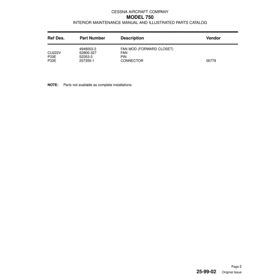 Aviation Part (CU222V) — Cessna 750 Aviation Part (CU222V) — Cessna 750