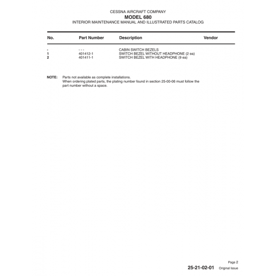 Aviation Part (401412-1) — Cessna 680 Aviation Part (401412-1) — Cessna 680