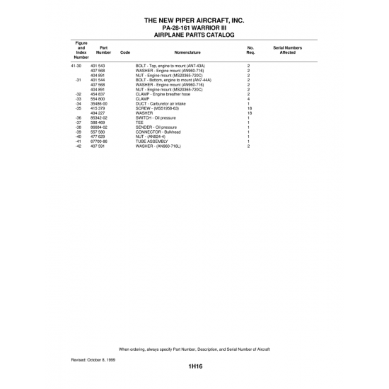 Aviation Part (85342-02) — Piper PA-28-161 Warrior