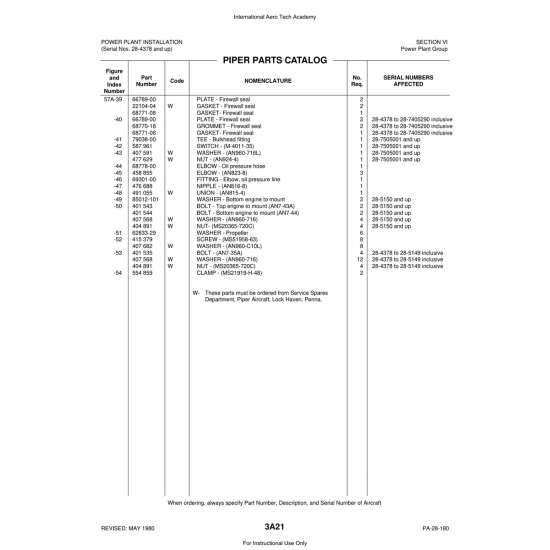 Aviation Part (62833-29) — Piper PA-28 Cherokee