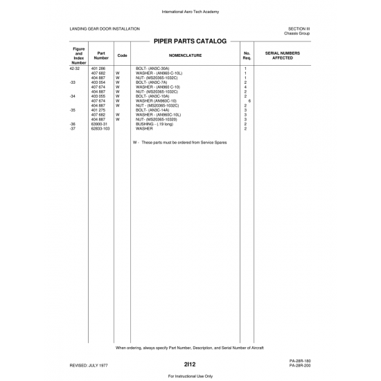 Aviation Part (62833-103) — Piper PA-28 Cherokee