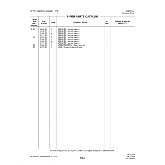 Aviation Part (99422-03) — Piper PA-32-260 Aviation Part (99422-03) — Piper PA-32-260
