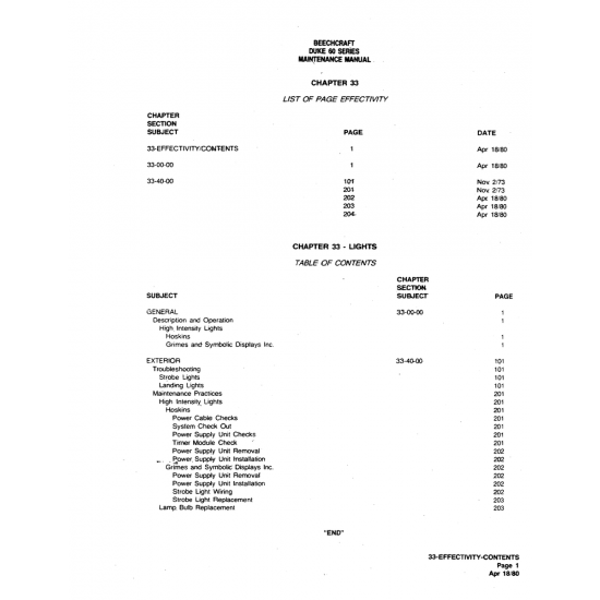 Aviation Part (33-EFFECTIVITYlCONTENTS) — Beechcraft 60 Aviation Part (33-EFFECTIVITYlCONTENTS) — Beechcraft 60