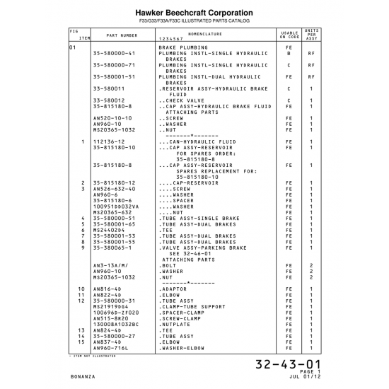 Plumbing Instl-Single Hydraulic (580000-71) — Beechcraft Bonanza F33A