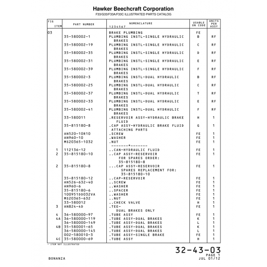Plumbing Instl-Single Hydraulic (580002-39) — Beechcraft Bonanza F33A Plumbing Instl-Single Hydraulic (580002-39) — Beechcraft Bonanza F33A