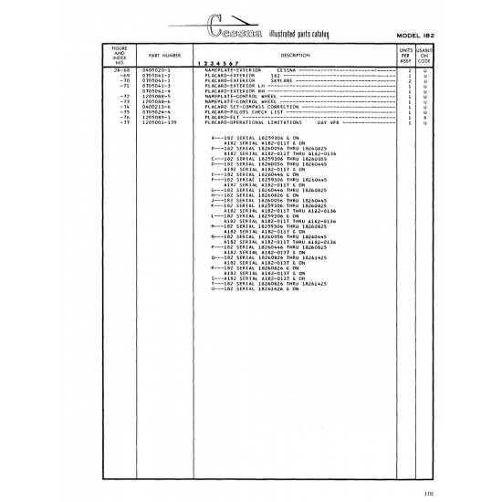Aviation Part (0-405020-1) — Cessna 182 Skylane Aviation Part (0-405020-1) — Cessna 182 Skylane